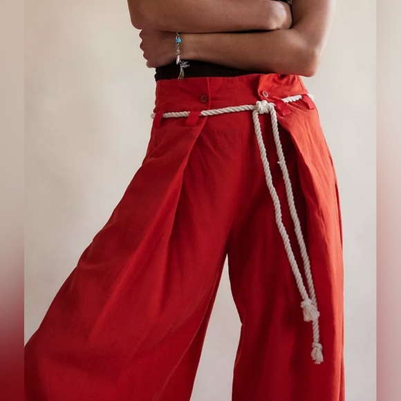 Free People Dimes Tie Trousers. High-rise Red Pants - Picture 3 of 10